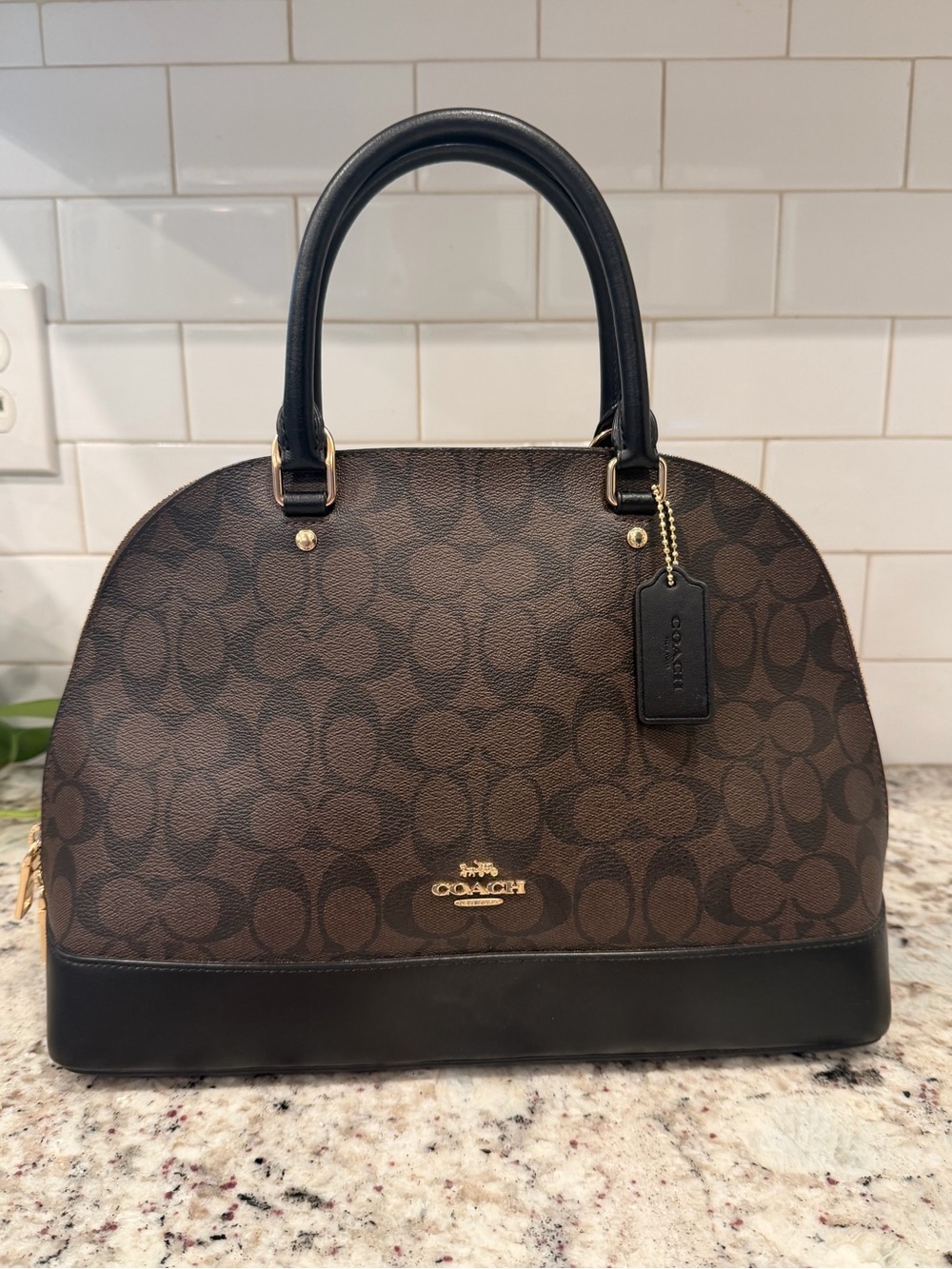 Coach Brown Signature Dome Satchel with Black Trim and Gold Hardware